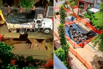 La volqueta, que era utilizada para una obra de EPM en el barrio Los Ángeles, centro de Medellín, terminó en un hueco desde finales de la semana pasada. Se están pensando en estrategias para extraerla. FOTOS: CORTESÍA