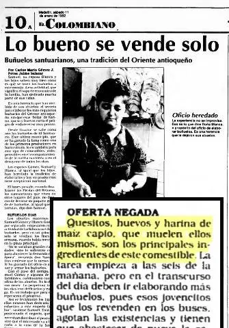 Artículo de 1992 de EL COLOMBIANO que menciona como principal materia prima para los famosos buñuelos santuarianos al maíz capio. FOTO: Archivo.