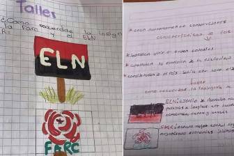 Una docente le pidió a sus estudiantes de cuarto y quinto de primaria dibujar insignias del ELN y FARC. FOTOS: Tomada de las redes sociales 