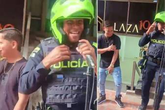 El subintendente Yeferson Montaña cantó junto con Avariano Ojeda en las calles de Pereira. FOTOS: Capturas de video 