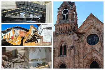 La fachada de la iglesia principal de Venecia (derecha) sufrió una afectación en una de sus cúpulas. A la izquierda: daños en Sonsón y en la iglesia de Jardín. Foto: cortesía.