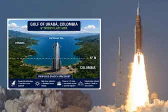 Imagen de referencia de un cohete saliendo hacia el espacio exterior y una recreación publicada en X. FOTO: GETTY y @holdmybirra en X