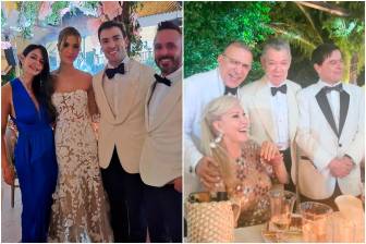 Maleja Restrepo y Sebastián Mejía con los recién casados; y figuras de la política con el expresidente Juan Manuel Santos. FOTOS: Tomadas de X @MariOlano y @jacojaram