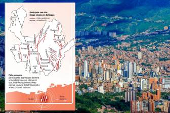 El mapa detalla los principales sistemas de fallas geológicas —como Romeral, Palestina y Murindó— y los municipios de Antioquia con mayor vulnerabilidad ante un evento telúrico. FOTO: JUAN ANTONIO SÁNCHEZ - EL COLOMBIANO