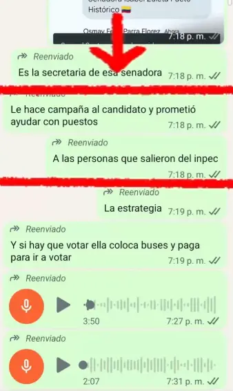 Fragmento de uno de los chats que circulan en el Inpec en los que se aludirían a preventas para apoyar a Iván Cepeda. FOTO Cortesía