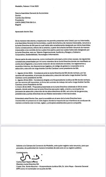 Crece la polémica: Carlos Raúl Yepes renuncia a la junta de ISA por desacuerdo en la elección de Carrillo