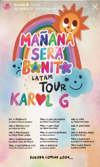Imagen que compartió Karol G en sus historias de Instagram, anunciando la gira por Latinoamérica. FOTO: Instagram @KarolG