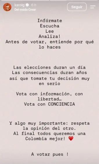 Comunicado de la cantante colombiana Karol G en Instagram. FOTO: captura de pantalla @Karolg vía Instagram. 