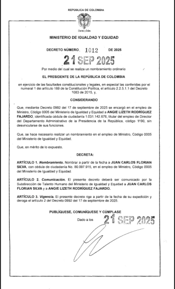 Cuatro días después de su renuncia, Juan Carlos Florián vuelve a ser nombrado como ministro de Igualdad