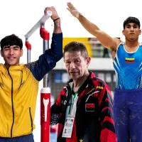 A la izquierda, Ángel Barajas, medallista de plata olímpico en barra fija. En el centro, el entrenador Jairo Ruiz, y su otro alumno, Camilo Vera, bicampeón mundial juvenil. FOTOS EL COLOMBIANO Y LA OPINIÓN