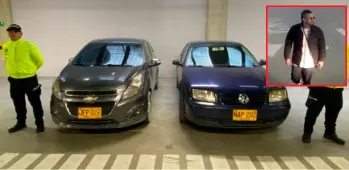 Los dos carros implicados en la reunión previa y el atentado a Miguel Uribe; en el recuadro, una cámara de la gasolinera captó a alias “el Costeño” FOTOS: CORTESÍA.