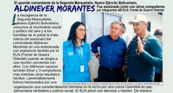 Este es un fragmento del presunto comunicado de la Segunda Marquetalia que anuncia la muerte del “Zarco Aldinever”, cuya supuesta autenticidad analizan la Fuerza Pública. FOTO: CORTESÍA.
