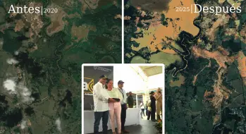 Antes y después del predio beneficiado por un título minero entregado por el presidente Gustavo Petro en 2024. FOTOS: Cortesía Google Earth y Presidencia