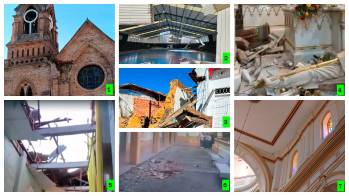 1: daño parcial en la iglesia de Venecia. 2 el coliseo de Sonsón perdió parte del techo. 3: una casa abandonada que se derrumbó también en Sonsón. 4: afectación en la iglesia de Jardín. 5: daño en la iglesia de Palermo (Támesis). 6: daños en sede educativa de Bolombolo. 7: Daños en la iglesia de Abejorral. FOTO: Cortesía