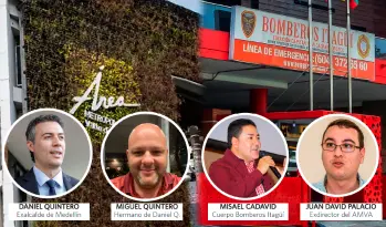 Uno de los escándalos involucra contratos presuntamente irregulares entre el Área y el Cuerpo de Bomberos de Itagüí. Entre los presuntos responsables han sido mencionados Miguel Quintero, Juan David Palacio, Misael Cadavid y ahora el exalcalde Daniel Quintero. FOTOS el colombiano.
