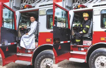 El sacerdote Giovanny Galvis Ramírez compagina su labor como sacerdote de una parroquia en el noroccidente de Medellín con su trabajo como cabo en los bomberos de Bello. FOTOS JULIO CÉSAR HERRERA