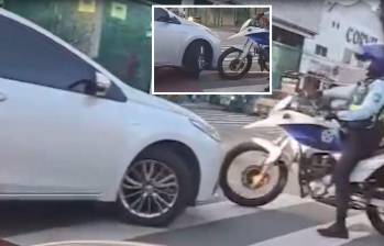 El conductor de este carro invadió el carril de metroplús en la avenida Oriental y en la calle 30 y luego de una persecución fue interceptado por agentes de la Secretaría de Movilidad de Medellín. FOTOS: CORTESÍA