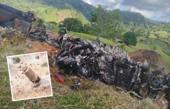 Un cilindro bomba (detalle), que había sido sembrado por los integrantes del frente 36 de las disidencias de las Farc, fue activado para provocar la explosión de la aeronave. FOTOS: CORTESÍA Y TOMADA DE NOTICIAS CARACOL