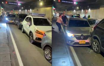Cuatro carros resultaron afectados en el choque múltiple que se presentó en la mañana de este lunes en el túnel de Oriente. FOTO: CORTESÍA MI ORIENTE