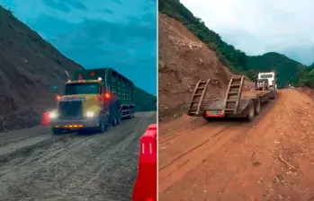 Varios tractocamiones han pasado por la zona de la emergencia en el sector La Barrosa, corregimiento Peñalisa, de Salgar, para probar las condiciones del terrero para decidir si se rehabilita el paso desde este viernes. FOTOS: Cortesía