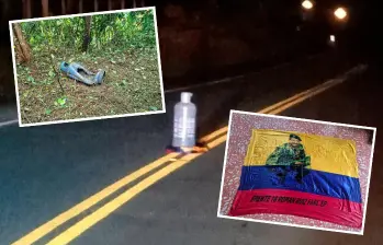 Este fue el cilindro que ubicaron en la mitad de la vía entre Dabeiba y Mutatá. También encontraron una bandera de las disidencias. FOTOS: CORTESÍA