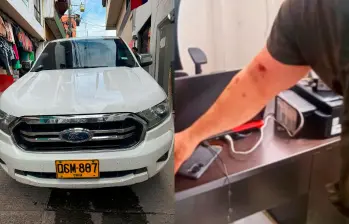 En la camioneta (izq.) se movilizaba el comandante operativo de la Policía Antioquia, coronel Gerson Bedoya Piraquive, junto con tres uniformados por Cañasgordas cuando fueron víctimas de un ataque por parte del Clan del Golfo. El alto oficia sufrió una herida en su brazo (der.). FOTOS: CORTESÍA