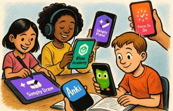 Aplicaciones educativas como Duolingo, Khan Academy y Simply Draw permiten aprender a cualquier ritmo y desde cualquier lugar, incluso sin conexión. FOTO EL COLOMBIANO/creada parcialmente con IA