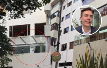Daniel Quintero y su exsecretario de Gobierno, Esteban Restrepo, en el edificio donde está ubicado el apartamento que figura como domicilio de las cuatro empresas. Foto: EL COLOMBIANO