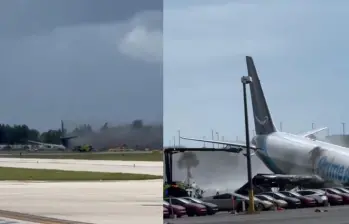 El avión de carga Boeing 767-300 terminó fuera de la pista y envuelto en llamas tras aterrizar en el Aeropuerto Internacional de Miami. El accidente provocó el despliegue de decenas de unidades de emergencia. FOTO: Redes sociales. 