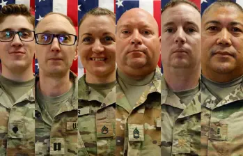 Declan Coady (20), Cody Khork (35), Nicole Amor (39), Noah Tietjens (42), Jeffrey O’Brien (45) y Robert Marzan (54), los seis militares estadounidenses muertos en el ataque iraní contra una instalación en Kuwait, en el segundo día de operaciones de la guerra con Irán. FOTO: Ejercito de Estados Unidos. 