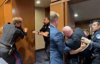 El incidente ocurrió durante una audiencia del Comité de Servicios Armados del Senado, cuando un manifestante contra la guerra fue retirado a la fuerza del recinto con apoyo del senador Tim Sheehy. FOTO: captura de video. 