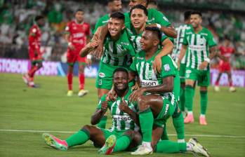 Festejo de los jugadores verdes en uno de los goles en juego ante Patriotas por liga. FOTO: Esneyder Gutiérrez