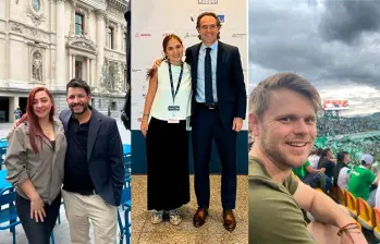 María y Sebastián (primera imagen) son dos “embajadores” en Europa, mientras que Valeria (segunda) lo es en Asia. Manuel, por su parte, es un “paisa de corazón”. FOTOS: CORTESÍA