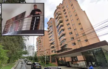 Adelante, desalojo del apartamento ocupado por Carlos Escobar Marín. Atrás, ubicación del edificio en El Poblado. FOTO: Imagen tomadas de redes y de GoogleMaps.
