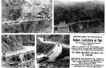 Imágenes de la carretera al Mar en los años 80. La imagen de la esquina inferior izquierda corresponde a una campaña de 1927. FOTOS Archivo CIP El Colombiano