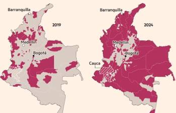 Mapa de la expansión de los grupos armados ilegales en Colombia y la producción de cocaína. FOTO: Tomada del Financial Times. 