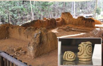 Adelante, algunos de los elementos arqueológicos encontrados en el Arví. Atrás, algunas de las estructuras que dan cuenta como era vivir en el territorio en la antigüedad. FOTO: Cortesía