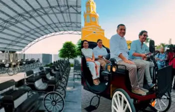 Los nuevos coches eléctricos, fabricados en China y ensamblados en Cartagena, reemplazarán gradualmente a los tradicionales carruajes tirados por caballos en el Centro Histórico. El anuncio fue hecho por el alcalde de la ciudad, Dumek Turbay Paz junto al humorista, Alejandro Riaño. FOTO: captura de video. 