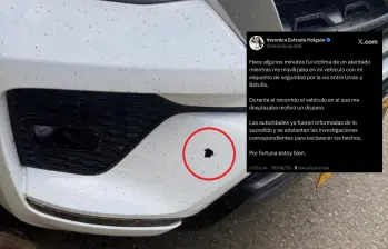 El impacto que sufrió el vehículo en el que se movilizaba la congresista electa. FOTO: imagen tomada de redes.