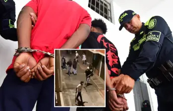 Adelante, imagen de referencia de una riña a machete. Atrás, los capturados por la Policía. FOTO: Cortesía MEVAL e imagen tomada de redes.