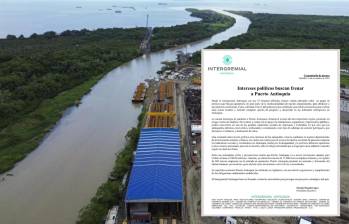 Adelante, la carta de Intergremial con la respectiva denuncia. Atrás, las obras de Puerto Antioquia en el Urabá. Foto: Manuel Saldarriaga Quintero