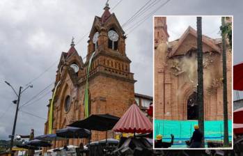 Adelante, la demolición en el Templo de San José de Venecia. Atrás, fachada del mismo en el pasado. Foto: Manuel Saldarriaga Quintero e imagen tomada de redes.