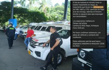 Adelante, uno de los mensajes enviados a los convocados al evento del Ministerio de Salud. Atrás, algunas de las ambulancias “entregadas” en Itagüí. FOTO: Cortesía.