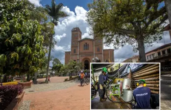 Adelante, obreros de Quebradona en Jericó. Atrás, parque de este municipio del Suroeste. Foto: Camilo Suárez y Juan Sánchez Ocampo
