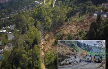 Adelante, volquetas siendo cargadas para evacuar la tierra. Atrás, la magnitud del deslizamiento. FOTO: Cortesía.