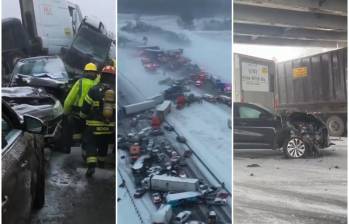 El accidente incluyó a entre 30 y 40 furgones que bloquearon la típicamente ocupada interestatal y dejó un total de 12 heridos hasta ahora. FOTO: Captura video de redes sociales @AlertaMundoNews y @WeatherMonitors