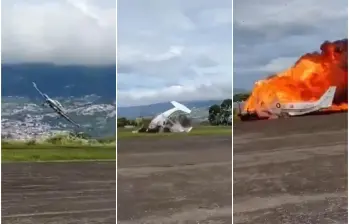 Secuencia del accidente de la avioneta en aeropuerto de Venezuela en donde los dos tripulantes del vehículo perdieron la vida tras la explosión. FOTO: Captura video de redes sociales @AlertaMundoNews