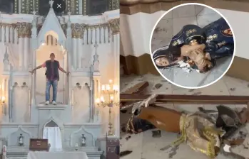 “El diablo está acá, lo tienen en frente, arrepiéntanse”, hombre durante el ataque, en medio de la destrucción de las imágenes religiosas al interior de la Iglesia La Ermita, en Cali. Foto: captura de video redes sociales
