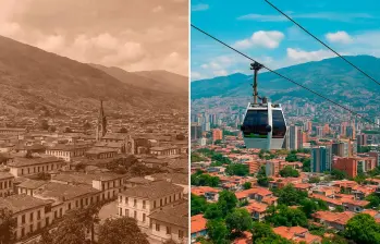 El libro registró la vida comercial y cultural de Medellín en 1925. Un contraste con el actual. FOTO Esneyder Gutiérrez e imagen generada con IA