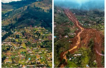 Esta zona deprimida, incrustada a la fuerza en la parte más alta de la ladera nororiental del Valle de Aburrá, se viene poblando desde 1995. La montaña se desprendió el pasado martes. FOTO CAMILO SUÁREZ Y ARCHIVO EL COLOMBIANO